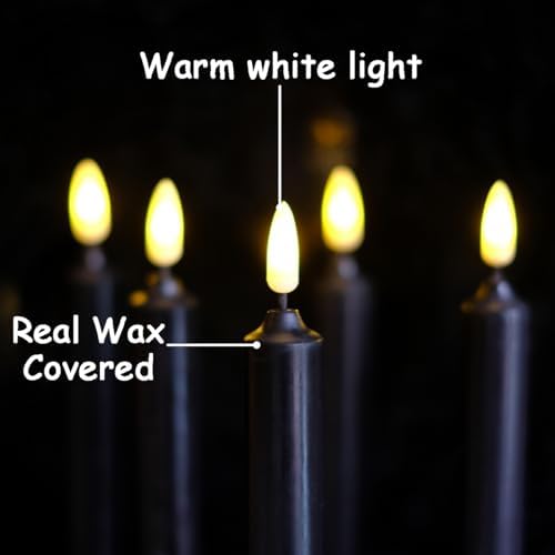 6 Pcs Halloween Black Flameless Taper Paraffin Wax Candles, Remote & Timer