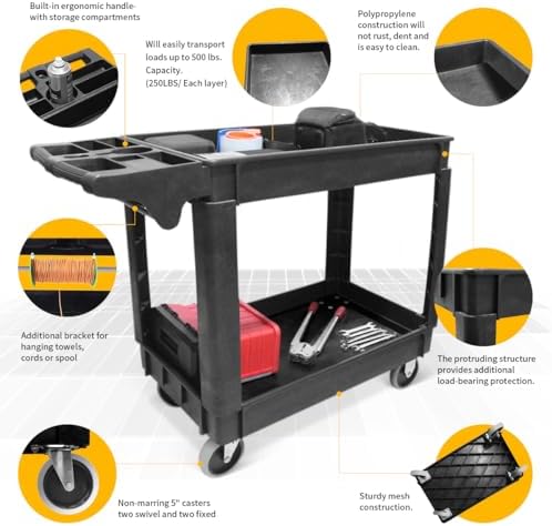 MaxWorks Heavy Duty 2‑Shelf Service Cart 500 lb Capacity Polypropylene Utilit...