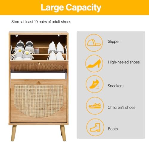 Karl home Natural Rattan Shoe Cabinet, 2 Flip Drawer Entryway Organizer