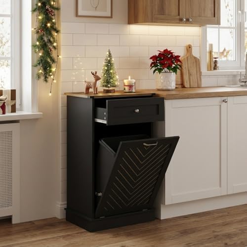 YOURLITE Tilt-Out Laundry Hamper Cabinet, 10 Gallon Herringbone Trash Can Cab...