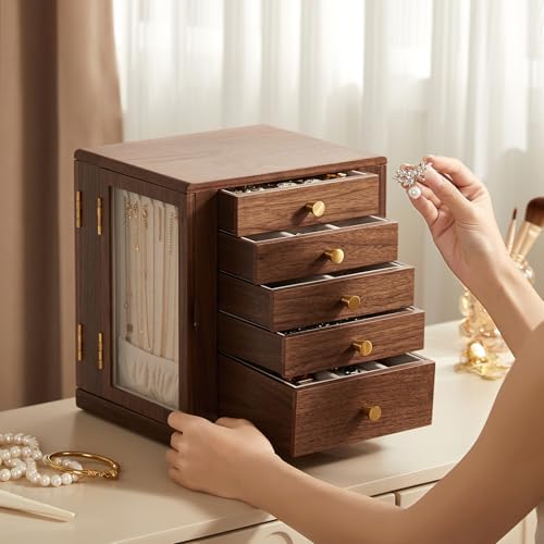 Rotating Black Walnut Wooden Jewelry Box for Women, 5 Layer