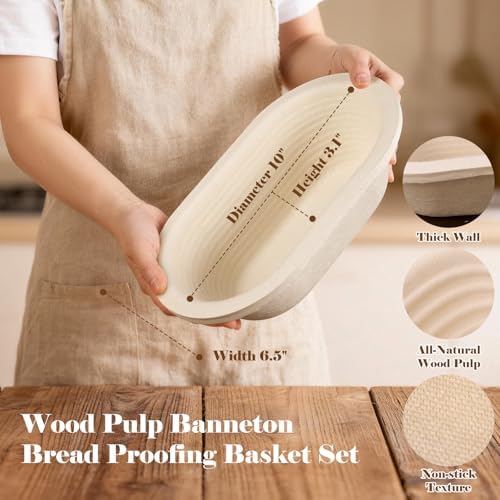 Non-Stick 10" Oval Wood Pulp Banneton Bread Proofing Basket Set Of 2 Wit...