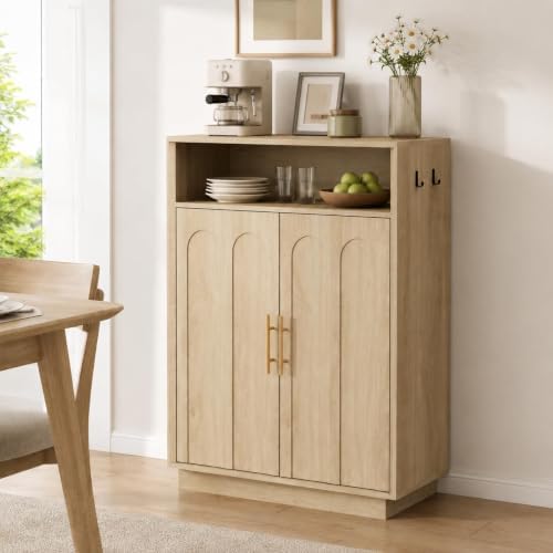 Shoe Cabinet with Arched Doors, 43" Hidden Shoe Storage, Oak