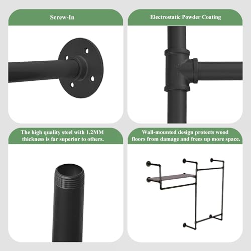 Industrial Pipe Clothing Rack, Wall Mounted Heavy Duty Garment Rack with Wood...