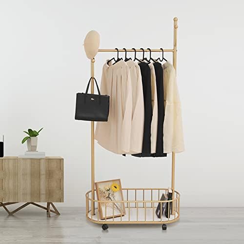 Gold Clothing Rack with Wheels Rolling Clothes Rack with Storage Basket Metal...