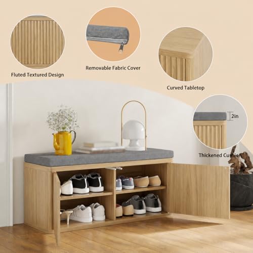 Shoe Bench with Cushion & Push-Open Doors,Double-Layered Storage,Oak