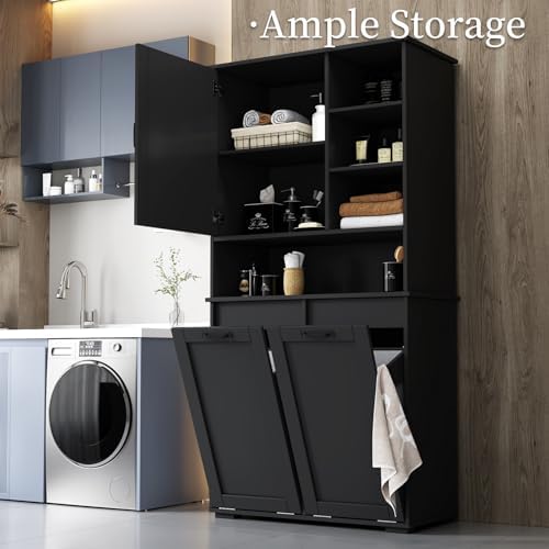 Tall Laundry Cabinet with Double Tilt Out Laundry Hamper, Freestanding Floor ...