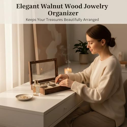pandapark Wooden Jewelry Box with Glass Lid, Multi-Compartment Storage Displa...