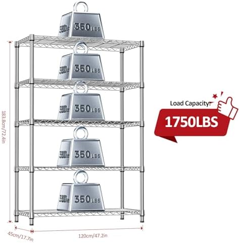 IZEUK 5-Tier Heavy Duty Metal Storage Shelving Unit (Chrome, 17.7" D x 4...