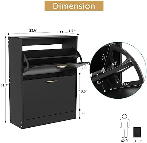LYNSOM Modern Entryway Shoe Cabinet with 2 Flip Drawers and Top Display, Blac...
