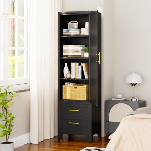 67" Tall Narrow Metal Storage Cabinet, Freestanding Pantry Organizer, Black
