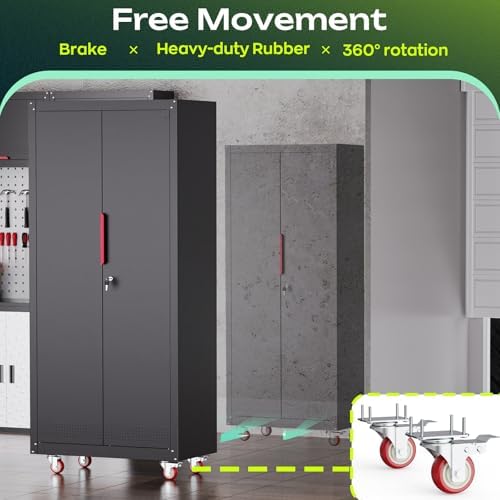 Kelueo 71" Tall Metal Garage Storage Cabinet with Wheels and Locking Doors