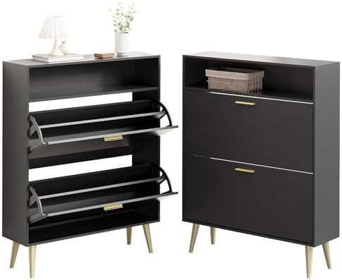 LYNSOM Modern Entryway Shoe Cabinet with 2 Flip Drawers and Open Storage, Bla...