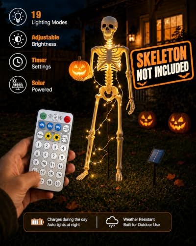 Halloween Skeleton Stand Kit & Solar String Lights,【Skeleton Not Included】