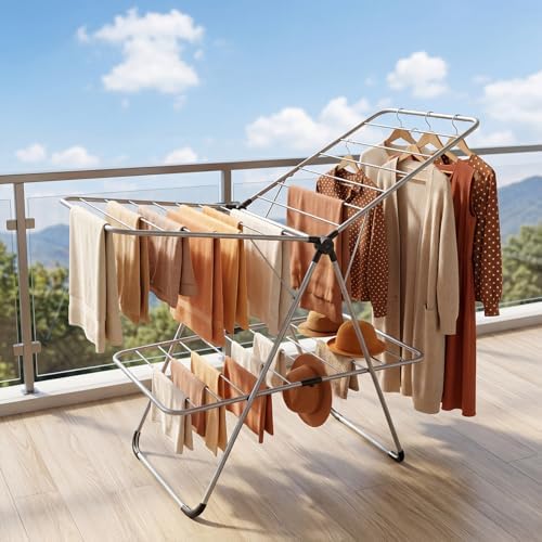 GIANTEX Foldable Clothes Drying Rack, 2-Tier Aluminum Laundry Drying Rack wit...