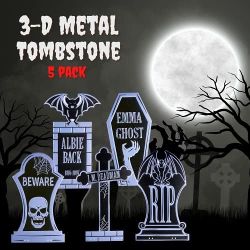 3-D Metal Halloween Ghost Cemetery 17" Tombstones - Full Set of 5 w Stakes