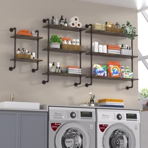 Helsin 3 Tier Industrial Pipe Shelf Rustic Wood Floating Shelves,Wall Display...