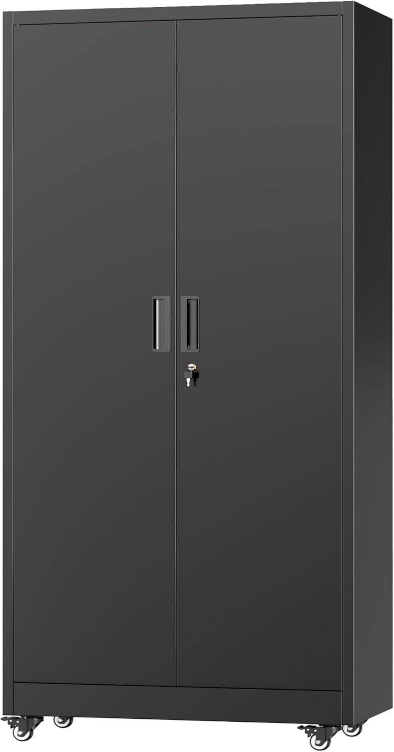 Greenvelly Metal Garage Storage Cabinet with 4 Swivel Wheels, 73" Black ...