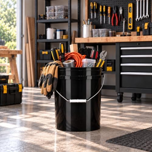 MKS Plastics Black 5-Gallon Heavy-Duty Bucket, No Lid Included, 5-Pack
