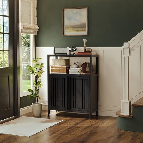 Bamboo Bathroom Storage Cabinet Furniture, Bathroom Floor Cabinet with 2 Shut...