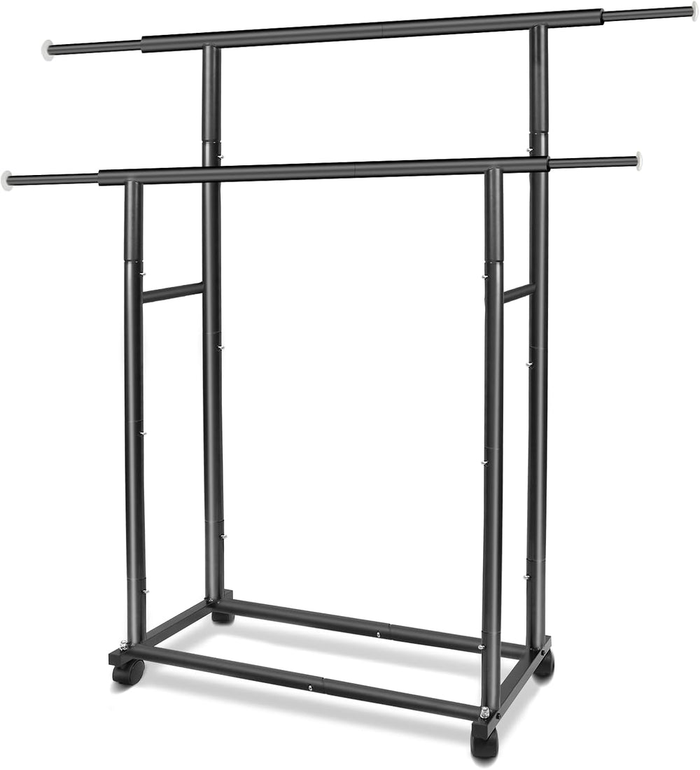 Black 48" W x 15" D x 65.5" H Double Rod Metal Rolling Clothes...