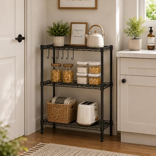 Folews 3-Tier Metal Storage Shelf, Adjustable Wire Shelving Unit, Black