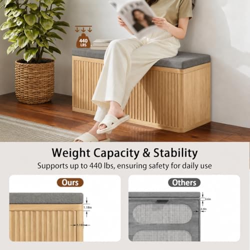 Shoe Bench with Cushion & Push-Open Doors,Double-Layered Storage,Oak