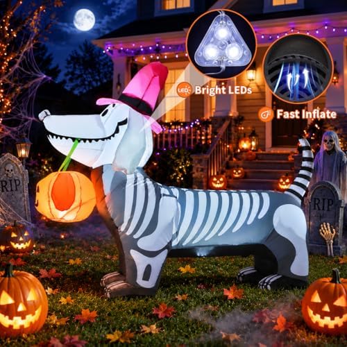 GOOSH 5.5 FT Halloween Inflatables Outdoor Decorations Skeleton Puppy Inflata...