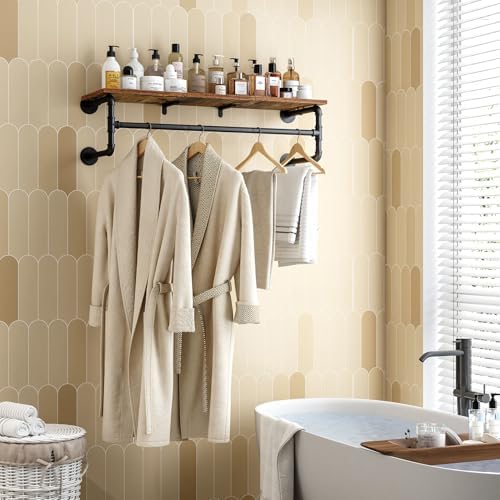 Clothes Rack Wall Mounted, 43.3in Shelf with Hanging Rod, Industrial Pipe Clo...