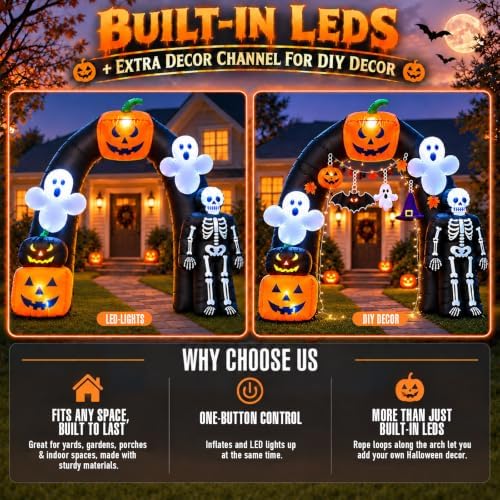 8FT Halloween Inflatable Archway with Pumpkin & Ghost, Built-in LED