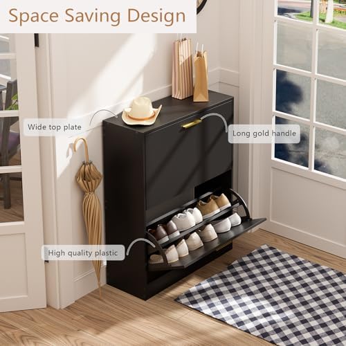 LYNSOM Entryway Shoe Cabinet Set of 2 with 2 Flip Drawers and Top Display, Bl...