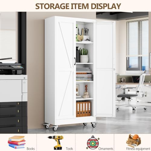 Metal Garage Storage Cabinet, 71”Tall Rolling Utility Cabinet White