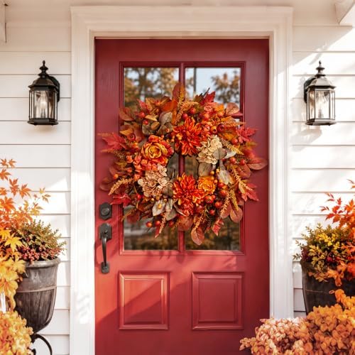 Autumn Harvest Wreath for Front Door 26 Inch, Fall Decor with Orange Dahlias ...
