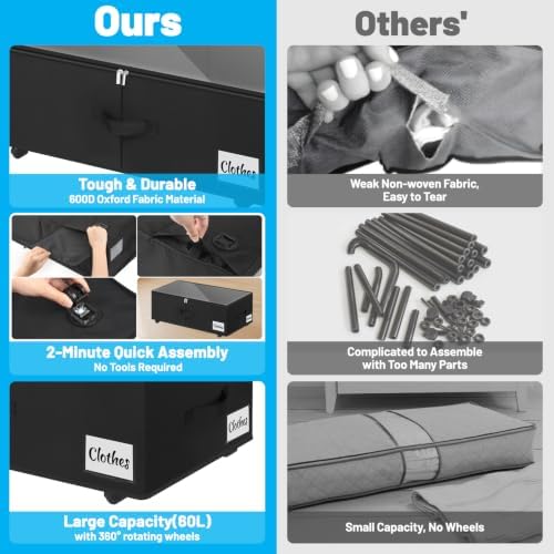 Under Bed Storage with Wheels, 2-Pack 10" Height XXL 75L Rolling Storage...