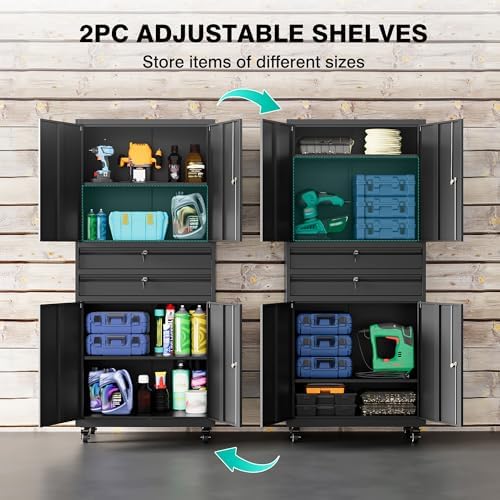 Metal Storage Cabinet with Wheels and Drawers,Rolling Garage Storage Cabinet ...