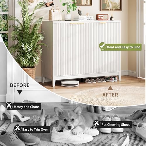 Vlsrka Shoe Storage Cabinet with Fluted Doors and Adjustable Shelves