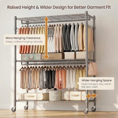 Homdox Rolling Clothes Rack Heavy Duty, 3-Tier Adjustable Wire Shelving Garme...
