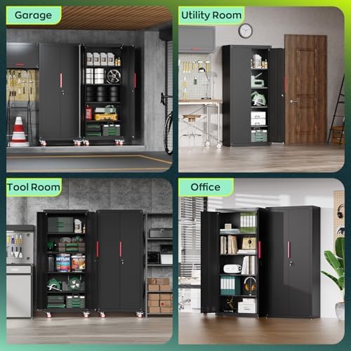 Kelueo 71" Tall Metal Garage Storage Cabinet with Wheels and Locking Doors