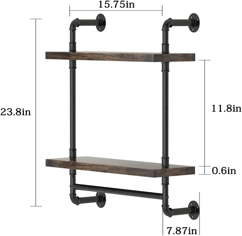 Helsin 2 Tier Industrial Pipe Floating Bathroom Shelves Wall Mounted with Tow...