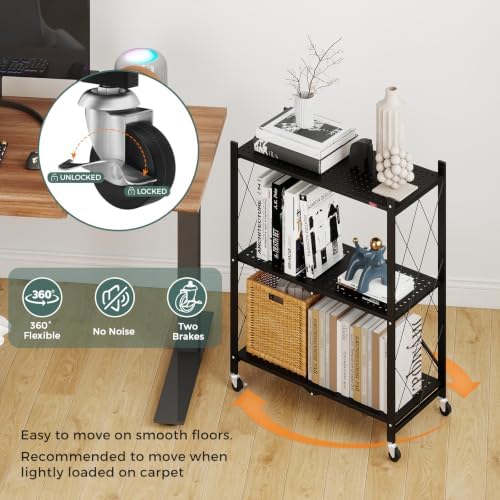 DEANIC 3 Tier Foldable Storage Shelves with Wheels, Kitchen Appliance Stand, ...