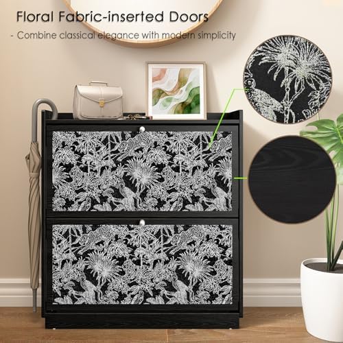 Slim Shoe Cabinet for Entryway with 2 Flip Drawers, Black Wood