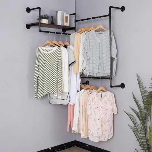 Industrial Pipe Clothing Rack, Wall Mounted Heavy Duty Garment Rack with Wood...