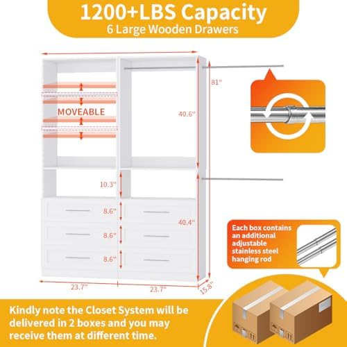 Closet System with 6 Drawers, Wood Closet Organizer System, Walk-in Closet or...