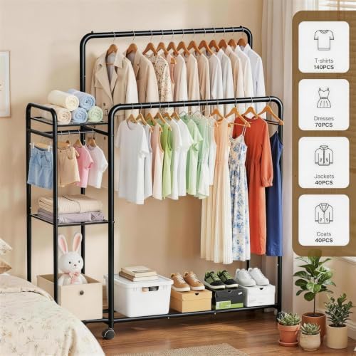 Heavy Duty Clothes Rack with Wheels, Double Rod Clothing Rack with Storage Sh...