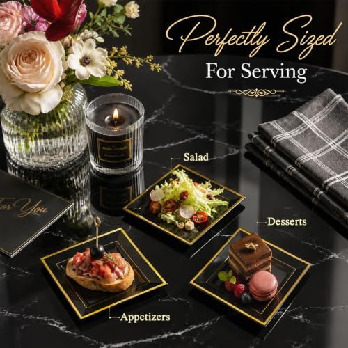 WDF 200PCS Black and Gold Plastic Dessert Plates for Halloween Parties