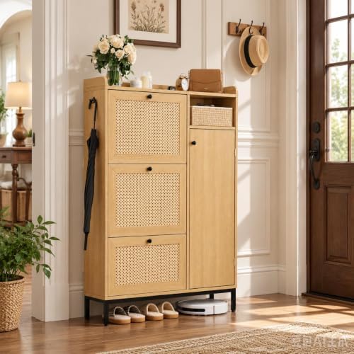 Rattan Shoe Cabinet with 3 Flip Drawers and Door for Entryway