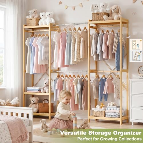 Homykic Bamboo 74"-88" Expandable Clothing Rack with 5 Hang Rods, 5...