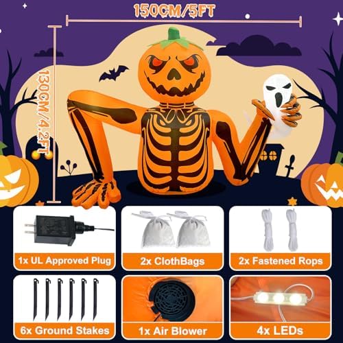 5FT Halloween Pumpkin Inflatable Skeleton with LED Light for Yard Garden