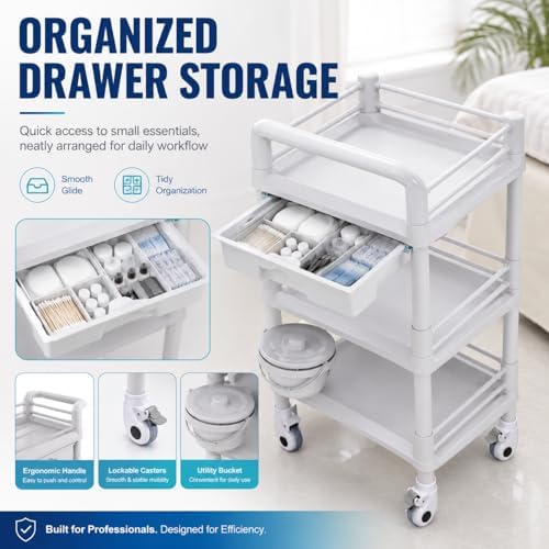 Rolling Utility Cart,Qiwey Utility Cart with Big Drawer,3-Tier Esthetician Ca...