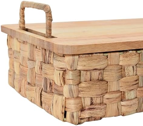 Household Essentials Stackable Hyacinth Baskets with Oak Lids, Natural, Set of 2